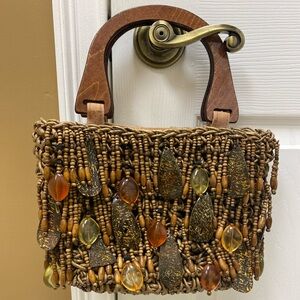 Straw Beaded Handbag Cappelli Wood Handle Tropical Women’s Casual Purse
